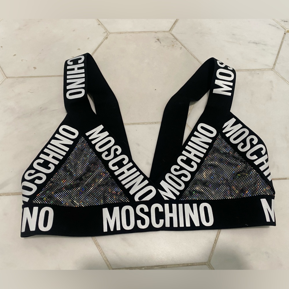 Moschino Black Logo Elastic Triangle Bralette with Iridescent Rhinestones